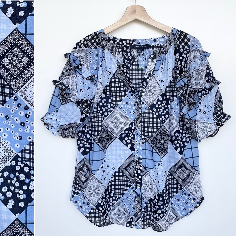 Tommy Hilfiger Blouse Patchwork Print Tiered Ruffled Sleeve V-Neck 100% Cotton